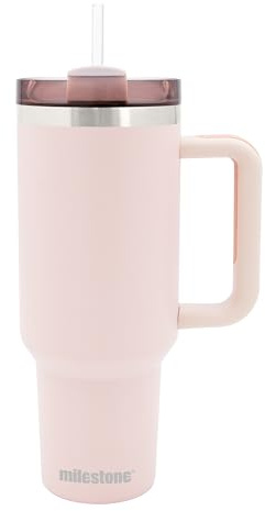 Milestone Travel Mug 40oz Tumbler with Straw, Handle & Lid/Large Capacity Insulated Stainless Steel Travel Cup for Cold or Hot Drinks (Pink)