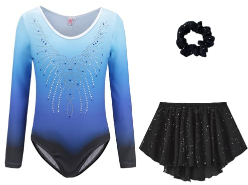 Konstnärlig gymnastik Body för flickor - Flickor Långärmad Ärmlös Gymnastikdräkt med Gradienta Färger Shorts och Pannband, Friidrott Bodysuit för Barn 5–14 år, B69 Krona BLÅ, TAG 8A(7-8 anni)