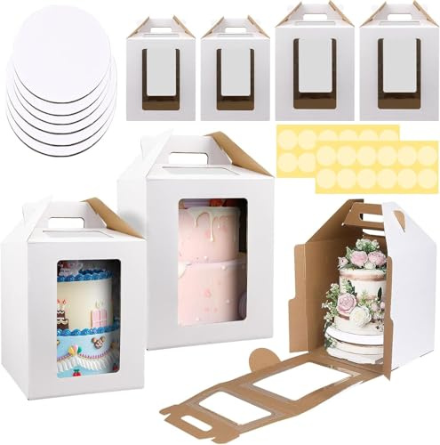 Xaztr 6 Pack Tall Cake Boxes with Window and Cake Boards, 2 Sizes White Cake Carrier, Tiered Layer Tier Cake Boxes, Large Cake Box