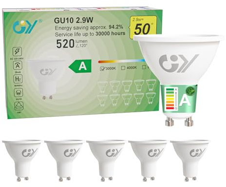 GY GU10 LED Warmweiss Lampe 2,9W 520 Lumen 3000K Warmweiß Glühbirnen, 50W lampe ersetzt, Abstrahlwinkel 110° Leuchtmittel, Nicht Dimmbar Energiesparlampe, 5er-Pack