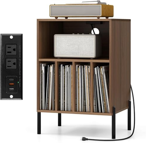 GOPLUS Soporte para Tocadiscos con Estación de Carga, Mueble para Tocadiscos con 5 Compartimentos de Almacenamiento, Kits Antivuelco y Patas Metálicas, para Sala de Estar, Dormitorio (Nogal)