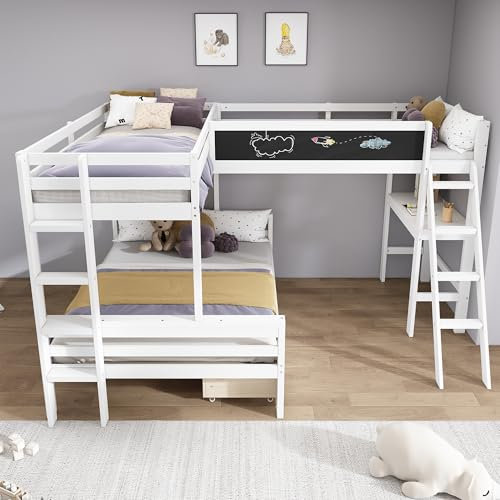 Shye Kinderhochbett,Im Kinderbett können DREI Kinder schlafen, Hat Aufbewahrungsschubladen,aus Kiefernholz, Etagenbett, Kinderbett mit Schreibtisch und Regal, 140x200cm,90x200cm,weiß