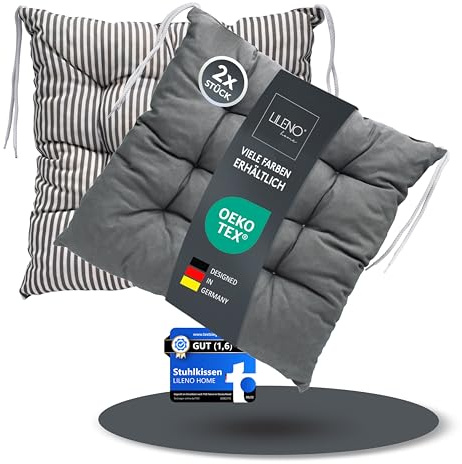 LILENO HOME 2er Set Wende Stuhlkissen Anthrazit (40x40x6 cm) - Streifen Sitzkissen für Gartenstuhl, Küche oder Esszimmerstuhl - Indoor u. Outdoor Stuhlauflage als Stuhl Kissen (Linda FUM)