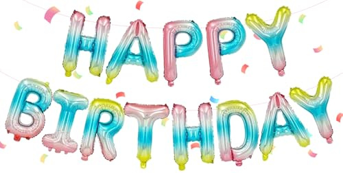 Regenbogen Happy Birthday Ballons Banner,Happy Birthday Luftballon Girlande 16 Zoll Silver Folie Happy Birthday Folienballon Luftballon Helium Ballon Geburtstagsballon Banner für Geburtstag Party
