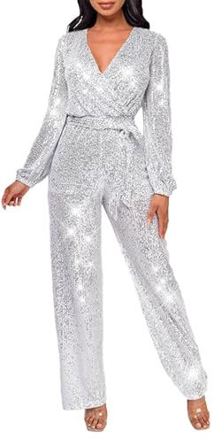 Damen Jumpsuit Glitzer Elegant Langarm V-Ausschnitt Lang Overall Pailletten Hosenanzug Playsuit mit Gürtel Romper Jumpsuit Damen Lang Sport Yoga Bodysuit Overall Lose