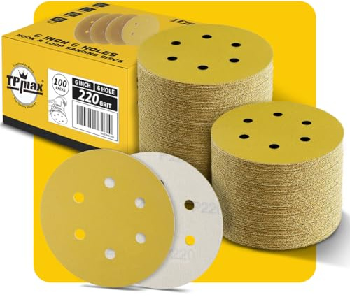 100 discos de lija de grano 220 de 150 mm, 6 agujeros, gancho y bucle redondos dorados de alta calidad para lijadora orbital aleatoria, ideal para madera, metal, automoción
