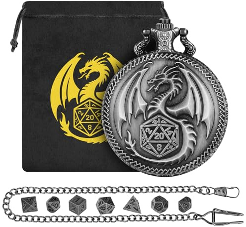 Mini-DND-Würfel-Set mit Steampunk-Drachen-Taschenuhrgehäuse, winziger 7-teiliger polyedrischer Metall-D&D-Würfel, DND-Geschenke mit Drachen-Logo, Geschenktasche, Rollenspiel, Brettspiel-Zubehör,