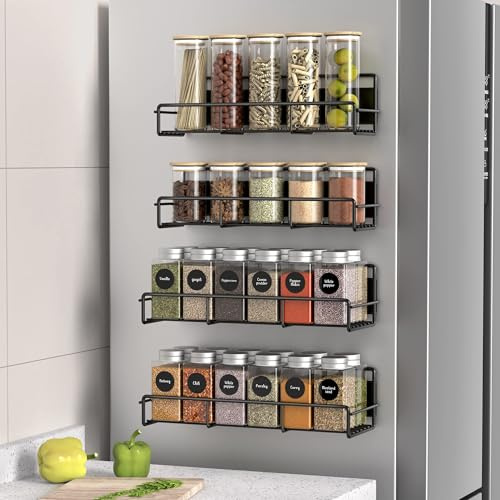 ZDXY 4 Pack Magnetic Spice Rack Organizer for Refrigerator and Microwave Oven, Metal Fridge Shelf for Kitchen, Black