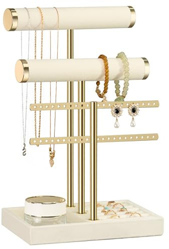 Josmimic Organisateur de Bijoux à 3 Niveaux - Porte-Bijoux Beige - Support de Bijoux Amovible en T - Porte-Bracelets en Velours - Porte-Bijoux pour Bracelets, Colliers, Montres, Bagues