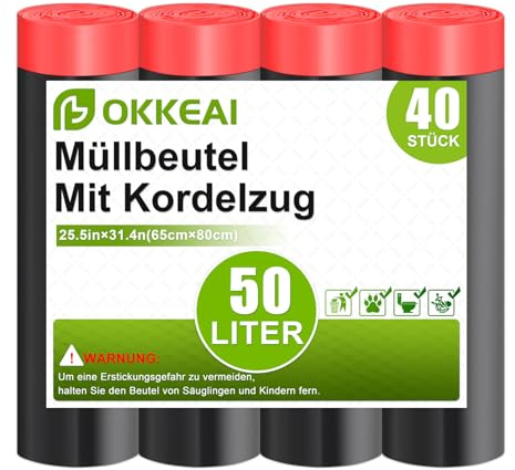 OKKEAI Müllsäcke 50L Schwarz Für Küche, Mit Zugband, 40 Stück | Reißfeste Müllbeutel 50L, Auslaufsicher, Große Mülltüten, Ideal Für Eine Zuverlässige Abfallentsorgung