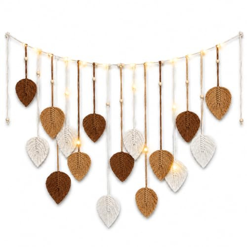 IHONYI Boho Deko - Makramee Wandbehang,Wandteppich Chic Tapisserie Fransengirlande Mit 3M LED Lichterkette,Handgewebt Girlande Boho Wanddeko Für Wohnzimmer/Schlafzimmer/Balkon/kinderzimmer(Braun)