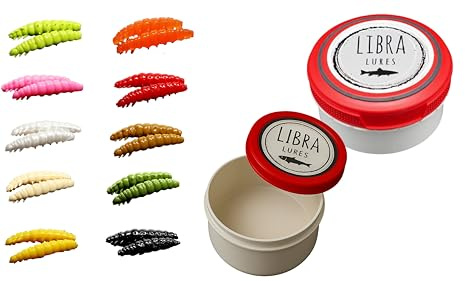 Libra Lures Larva 45mm Starter-Set – 20x Forellenköder Softbaits in 10 Farben mit Krill-Aroma – Libra Lures Starter Box Probierbox Larva + geruchsfeste Dose | Gummiköder Forelle Angelköder