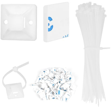 100PCS Cable Ties 150mm ad 100PCS 25mm Zip Tie Self Adhesive Mounts | White Cable Tidy Clips Small Tie Wraps Sticky Pads, Plastic Wire Ties Base Holder for Home Office Workshop DIY Garden