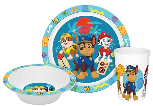 Vajilla infantil Paw Patrol Boys de 3 piezas, polipropileno, platos, cuencos, vasos, plástico, irrompible, 3 piezas, niños, Marshall, Chase, Geda, Geda, etiquetas de Geda, sin BPA, vajilla de plástico