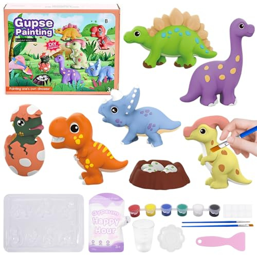 Dinosaurier Bastelset Gips Gießen Set, 7 Stück Gipsgießen Kinder Bastelset Gipsfiguren zum Gießen & Bemalen, DIY Malset Bastelset Gipsfiguren für Kinder Jungen Basteln Set Geschenk (Dinosaurier)
