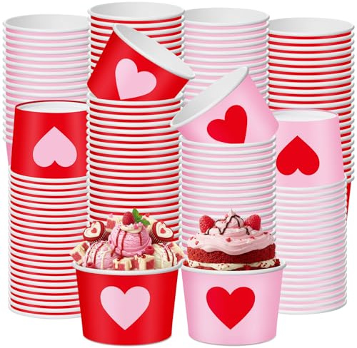 CHENGU 180 Pcs Valentines Snack Cups 9 oz Heart Paper Disposable Ice Cream Bowls Bulk Decorative Valentines Dessert Treat Bowls for Yogurt Soup Hot or Cold Food Supplies