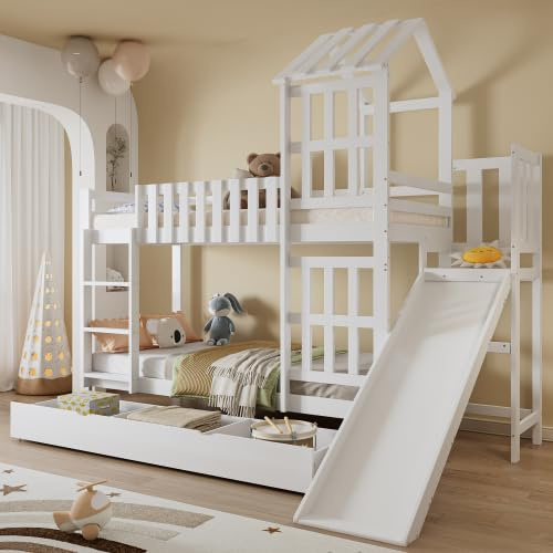 Kinderbett Etagenbett 90x200, Hochbett Hausbett mit Rutsche&Leiter&Große Schublade&Fenstern&Dach, Stockbett Doppelbett Holzbett Jugendbett mit Lattenrost&Rausfallschutz, Kiefer, Ohne Matratze, Weiß