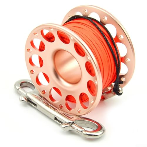 Besttoolifes Carrete de buceo de aleación de aluminio de aviación de 15 m/30 m, con línea de polifibra de alta resistencia más gancho de acero inoxidable 316 de doble extremo para submarino (30 m