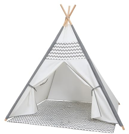 Tenda Gioco Teepee per Bambini, Tenda Indiana con Tappetino, Bianca e Grigia a Zigzag, 120x120x150 cm, per Interni, Design Classico