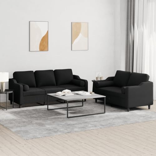 Ordellia 2-TLG. Sofagarnitur Schwarz aus strapazierfähigem Stoff, 2-Sitzer & 3-Sitzer Set mit Rollkissen für Wohnzimmer, stabiles Metall-Sperrholz-Gestell, bequemes Sitzerlebnis