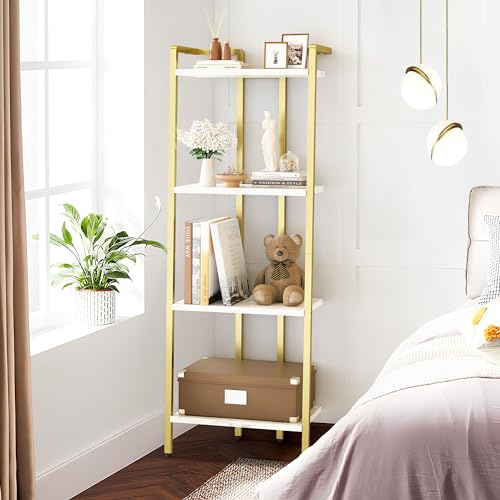 OPULENTHOME 138 cm stege hylla med 4 nivåer, lyxig hörnbokhylla med metallram och 4 spånskiva, förvaringshyllor/växtställ för vardagsrum, sovrum, kök, kontor (guld)