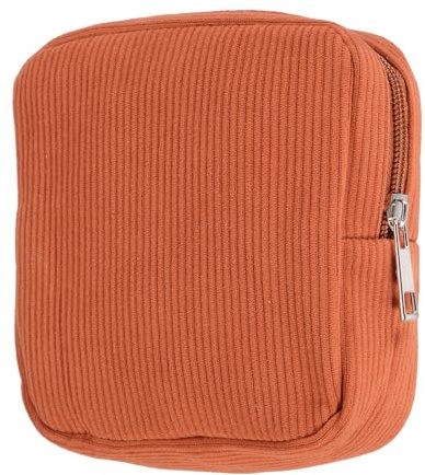 sourcing map Period Bag for Teen Girls Women, Portable Corduroy Sanitary Towel Compact Cute Pouch with Zippers, Small Pouch Napkin Storage Pads Holder for Travel, Daily Use, Purse, Brown
