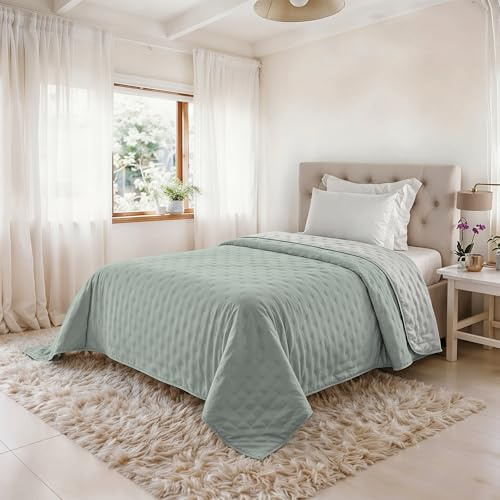 Trapunta Singola Primaverile in Microfibra, Copriletto Estivo Double Face - Trapuntino 100gr Morbido e Leggero - Coperta Letto Qualità Premium 160x250 cm – GREEN/BIANCO