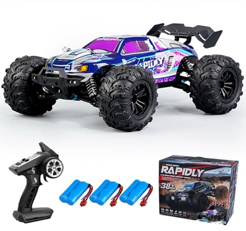 Teeggi Radiostyrd bil, 50 km/h, 1/16 RC höghastighets offroad-racerbil, 2,4 G-motor, 4 WD kolborste för vuxna, 3 batterier (lila)