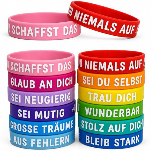 AHEJIOO 36 Motivationsarmbänder Kinder - 12 Bunte Silikon Armbänder mit Sprüchen – Ideales Abschiedsgeschenk Kindergarten & Kita, Mitgebsel Schulstart, Mutmacher Geschenk für Schüler