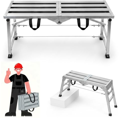 120CM Heavy Duty Folding Work Platform, 1.2mm Thickened Steel Step Ladder with Adjustable Height 55-81cm, Dual Safety Ropes & 8 Clamps, Portable Scaffolding for Car Wash, Painting & DIY
