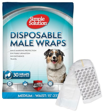 Simple Solution Disposable Male Wraps, Absorbent Leak Proof Belly Bands for Dogs, Incontinence Aid, Puppy Training, Marking Control, and Travel Protection, Medium Dogs, 15–23 Inch Waist, 30 Count