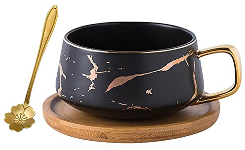 Jusalpha 10 oz Golden Hand Print Tea Cup And Saucer Set/Coffee Cup And Bamboo Saucer Set TCS19 (Black)