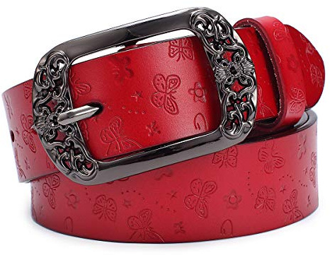McFanBe Cinturón de Cuero para Mujer para Damas, Niñas, Pantalones, Jeans, Cintura de Menos de 118 cm (XXL(cintura ajustada 107-118cm), A:rojo)