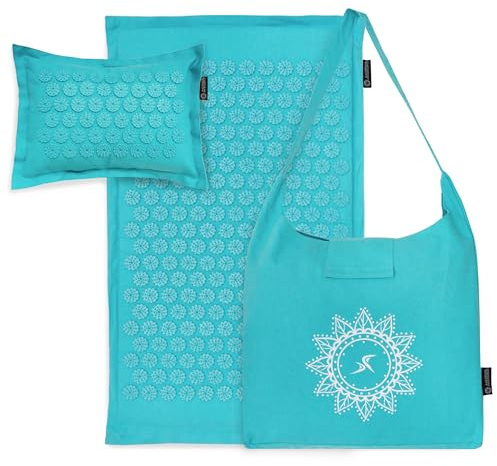 ProsourceFit Ki Acupressure Mat and Pillow Set with 100% Natural Linen for Back/Neck Pain Relief and Muscle Relaxation, Bahama Blue