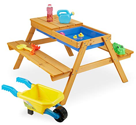 Relaxdays Kindersitzgruppe Holz, 2in1 Spieltisch & Matschküche, Picknicktisch für Garten, HxBxT: 50 x 89 x 86 cm, Orange
