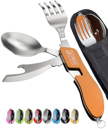 ORBLUE Campingbesteck Klappbar 2 Pack – 4-in-1 Outdoor Besteckset mit Messer, Gabel, Löffel & Flaschenöffner für Camping, Wandern und Reisen – Orange