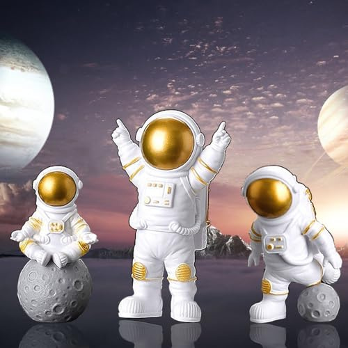 3 Stück Spaceman Statuen, Astronauten Figur Modell, Kuchen Topper, Weihnachten Halloween Geburtstag, Gelten Geburtstag Party Cake Toppers(Gold)
