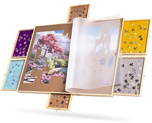 Tektalk tragbarer hölzerner Puzzletisch mit Abdeckung, Puzzle-Plateau, Puzzle-Board mit 6 bunten Schiebeschubladen für bis zu 1500 Teile Puzzles