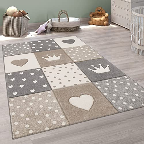Paco Home Teppich Kinderzimmer Junge Mädchen Kinderteppich Spielteppich Kurzflor 3D Optik Pastell Punkte Herzen Krone, Grösse:140x200 cm