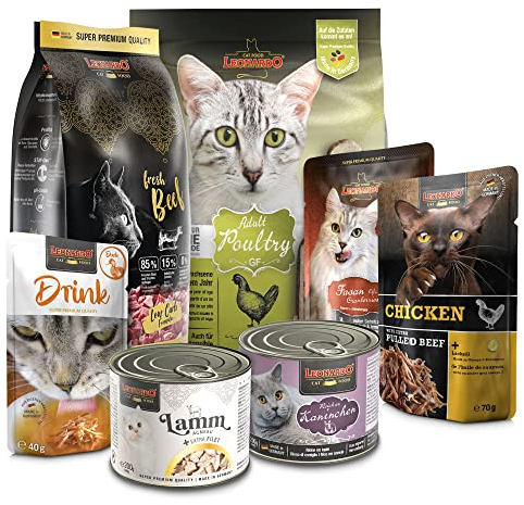 LEONARDO Katzenfutter Kennenlernpaket, 2 Sorten Trockenfutter und 5 Sorten Nassfutter für Katzen, ohne Zusatzstoffe, für alle Rassen, Made in Germany