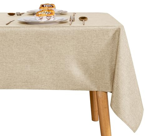 JIUZHEN Beige Tischdecke Abwaschbar Leinenoptik Tischtuch Wasserdicht | 135 x 220 cm Leinen Gartentischdecke Eckig Wetterfest Tischschutz Esszimmer Garten Party