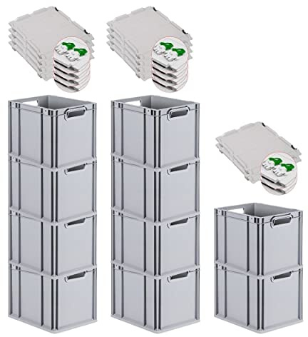 PROREGAL SuperSparSet 10x Eurobox NextGen Grip mit Scharnierdeckel und grünen Schiebeschnappverschlüssen, HxBxT 32x30x40cm, 30 L, Grau, Griffe offen, Eurobehälter, Transportbox