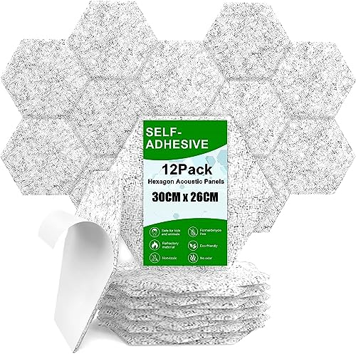 LATERN 12 Pièces Panneaux Acoustiques Autocollants, 30CM x 26CM Panneaux Insonorisés Hexagonaux Panneaux D'absorption Acoustique Haute Densité pour Bureaux Domicile Studios D'enregistrement (Gris)