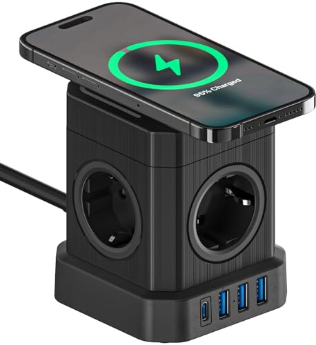 VOOMY Kabelloses Ladegerät 15W Steckdosenleiste Würfel USB mit 4 Steckdosen 3 USB A und 1 USB Typ C - Mehrfachsteckdose Überspannungsschutz mit Schalter für Zuhause und Büro (Schwarze)