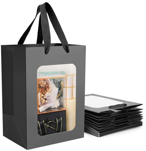 EUSOAR Sac en Papier avec Poignée - 10 Pièces Boîte de Cadeau en Papier Kraft Sacs à Provisions - 18x13x25cm Noir Sac Cadeau avec Fenêtre - 230GSM Emballages de Cadeaux les Faveurs de Fête