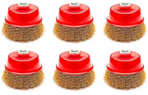 Tradineur - Pack de 6 cepillos de alambre - Apto para amoladoras angulares - Cepillo de acero - Ideal para eliminar óxido, corrosiones de las superficies de metal y madera - Ø 75 mm