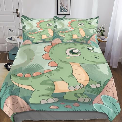 BLISSCOZY Niedlicher Dinosaurier Bettbezug-Sets,3D Bettwäsche,Kissenbezug,kinderbettwäsche Jungen 3 Teilig Bettbezüge Mikrofaser Double（200x200cm）