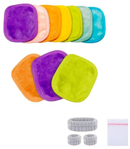 Belleaura - Lingettes Démaquillantes Lavables Réutilisables - 7 Pads Arc-en-Ciel + Bandeau Maquillage et Sac à Linge Offerts - Nettoyant Visage Exfoliant Sans Produit, Démaquillage à l'Eau