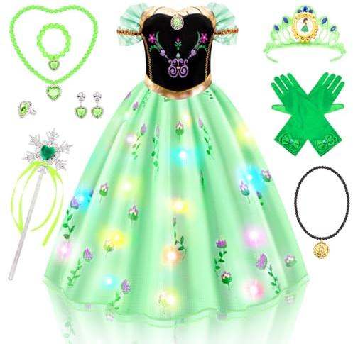 MELAND Princess Costumes for Girls, Green Light up Princess Dress up for Girls Age 3-10 Years Old, Fancy Dress for Kids & Toddlers World Book Day Costumes(M)