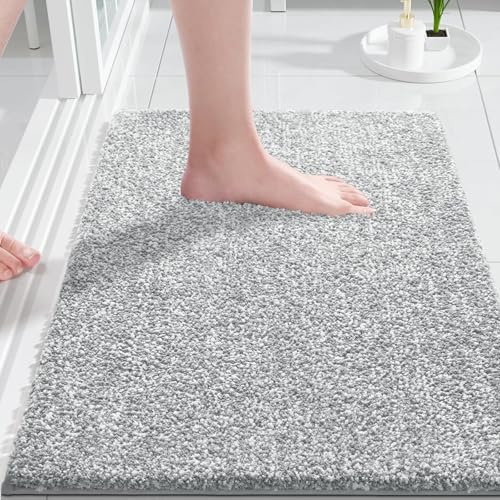 Yimobra Rutschfester Badezimmerteppich Extra weich und bequem Wasserabsorbierende, Dicke und maschinenwaschbare Badematte Flauschig für Dusche und Badewanne, Grau & Weiß, 43 x 61 cm